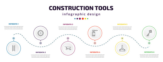 construction tools infographic element with icons and 6 step or option. construction tools icons such as ladder, blade saw, wheel barrow, blowtorch, bump cutter, antique key vector. can be used for