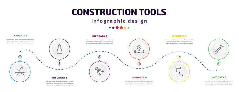 construction tools infographic element with icons and 6 step or option. construction tools icons such as soil, bolster, plier, gas pipe, rubber boots, repair wrench vector. can be used for banner,