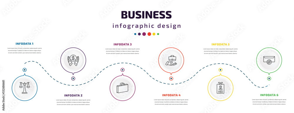 Poster business infographic element with icons and 6 step or option. business icons such as scale in balanc