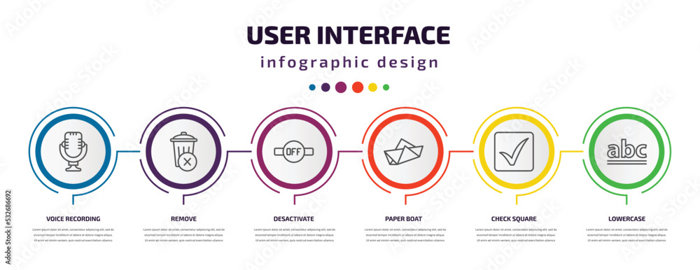 Aufkleber user interface infographic template with icons and 6 step or option. user interface icons such as vo