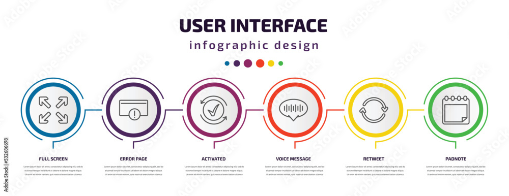 Poster user interface infographic template with icons and 6 step or option. user interface icons such as fu