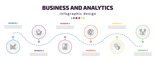 business and analytics infographic element with icons and 6 step or option. business and analytics icons such as diagram, polygonal chart, analytic visualization, data circular chart, value chart,