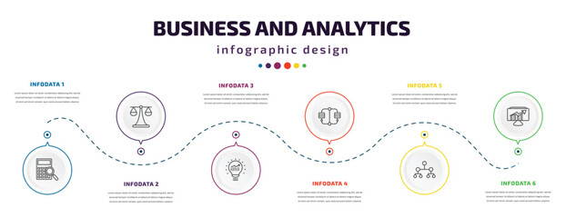 business and analytics infographic element with icons and 6 step or option. business and analytics icons such as supplies, legal, solution, connected data, hierarchy, data analytics vector. can be