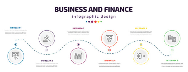 business and finance infographic element with icons and 6 step or option. business and finance icons such as stellar, trial hammer, wave chart, hash rate, data analytics flow, spending vector. can