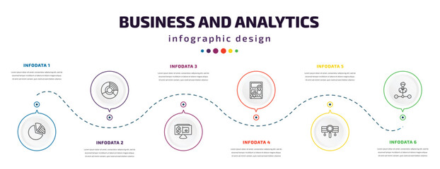business and analytics infographic element with icons and 6 step or option. business and analytics icons such as pie chart diagram, circular chart, online payment, 3d location graph, stock data