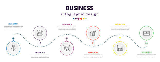 business infographic element with icons and 6 step or option. business icons such as variety, mobile stock data, infographics, data analytics circular, profit analysis, data vector. can be used for