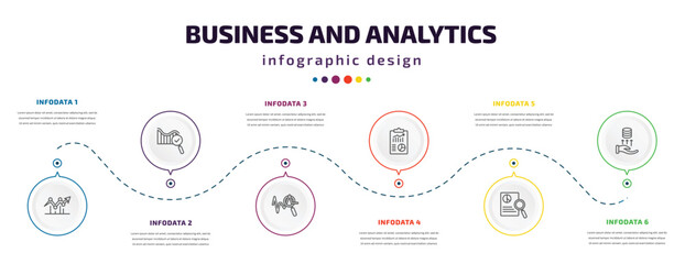 business and analytics infographic element with icons and 6 step or option. business and analytics icons such as dot, search analytics, sine waves analysis, business plan, investigate, debt vector.