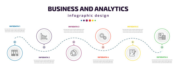 business and analytics infographic element with icons and 6 step or option. business and analytics icons such as binder, bars chart analysis, graph pie, cogwheel hine part, revision, accounting