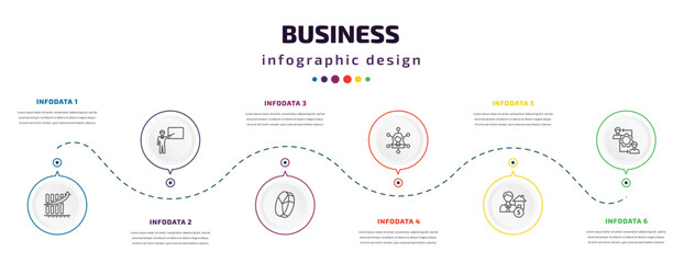 business infographic element with icons and 6 step or option. business icons such as measuring success, man presentation, quarter pie chart, multitasking woman, mortgage and man, rearrange vector.
