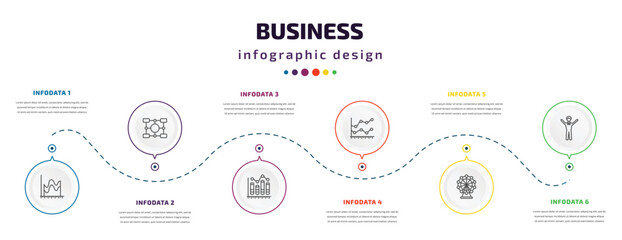 business infographic element with icons and 6 step or option. business icons such as smooth line chart, item interconnections, column chart, line chart statistics, ferris wheels, man success vector.