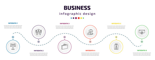 business infographic element with icons and 6 step or option. business icons such as scale in balance, dollar money protection, two shopping bags, value pointer, identity card, email contacts