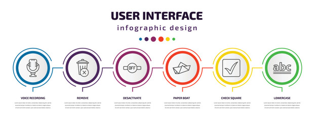 user interface infographic template with icons and 6 step or option. user interface icons such as voice recording, remove, desactivate, paper boat, check square, lowercase vector. can be used for