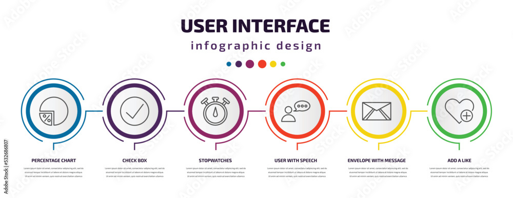 Aufkleber user interface infographic template with icons and 6 step or option. user interface icons such as pe