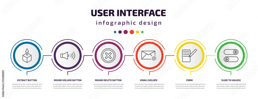 Poster user interface infographic template with icons and 6 step or option. user interface icons such as ex