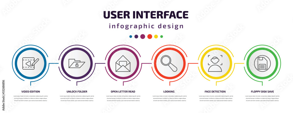 Poster user interface infographic template with icons and 6 step or option. user interface icons such as vi