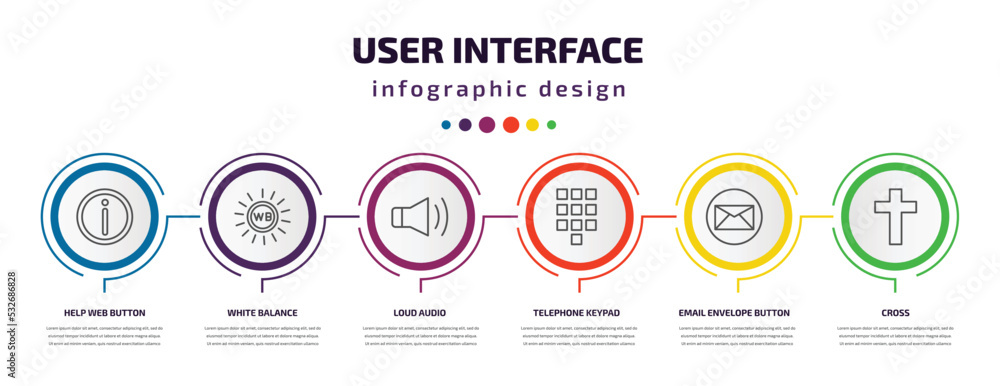 Poster user interface infographic template with icons and 6 step or option. user interface icons such as he