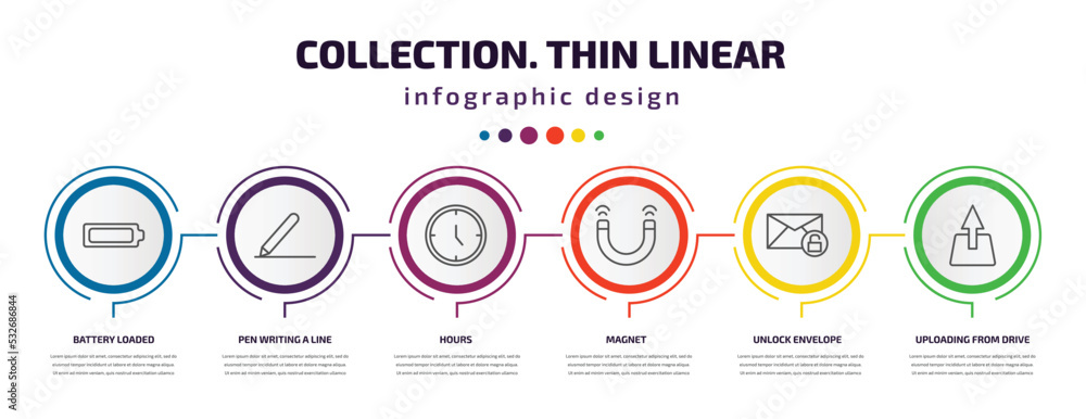 Aufkleber collection. thin linear infographic template with icons and 6 step or option. collection. thin linea