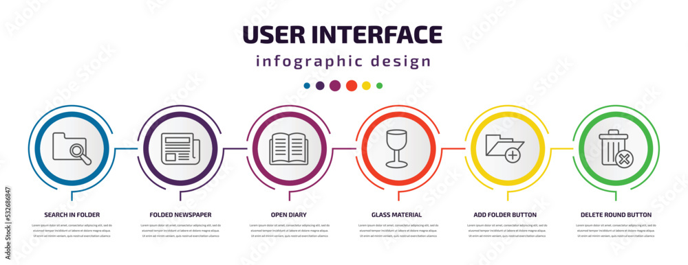 Poster user interface infographic template with icons and 6 step or option. user interface icons such as se