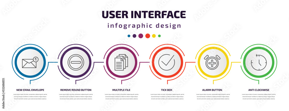 Poster user interface infographic template with icons and 6 step or option. user interface icons such as ne