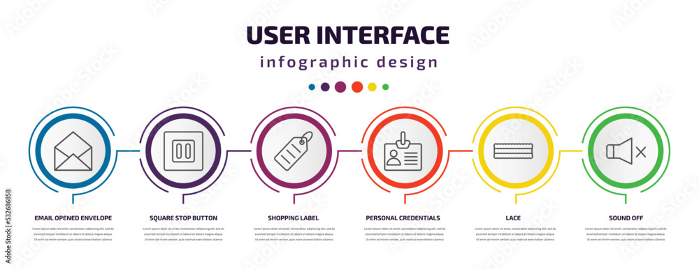 Poster user interface infographic template with icons and 6 step or option. user interface icons such as em