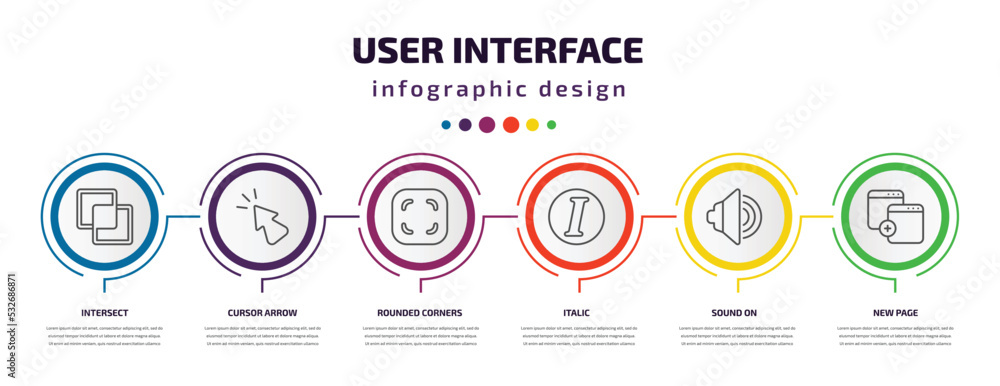 Poster user interface infographic template with icons and 6 step or option. user interface icons such as in