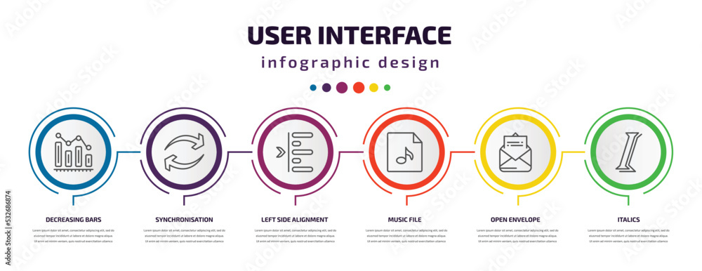 Poster user interface infographic template with icons and 6 step or option. user interface icons such as de