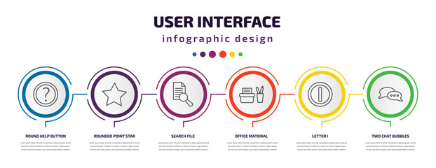 user interface infographic template with icons and 6 step or option. user interface icons such as round help button, rounded point star, search file, office material, letter i, two chat bubbles