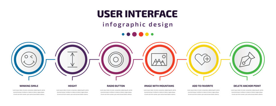 user interface infographic template with icons and 6 step or option. user interface icons such as winking smile, height, radio button, image with mountains, add to favorite, delete anchor point