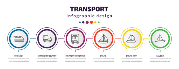 transport infographic template with icons and 6 step or option. transport icons such as bobsleigh, shipping and delivery, bus front with driver, sailing, sailing boat, sail boat vector. can be used