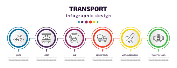 transport infographic template with icons and 6 step or option. transport icons such as bikes, lifter, bus, cement truck, airplane pointing up, tram stop label vector. can be used for banner, info