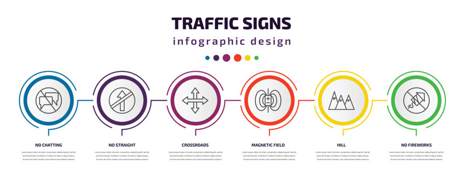 traffic signs infographic template with icons and 6 step or option. traffic signs icons such as no chatting, no straight, crossroads, magnetic field, hill, no fireworks vector. can be used for