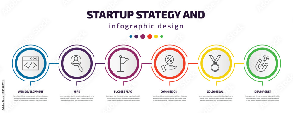 Poster startup stategy and infographic template with icons and 6 step or option. startup stategy and icons 
