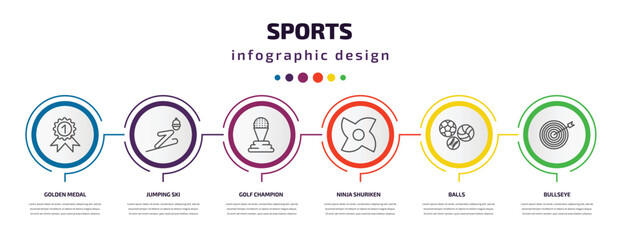 sports infographic template with icons and 6 step or option. sports icons such as golden medal, jumping ski, golf champion, ninja shuriken, balls, bullseye vector. can be used for banner, info