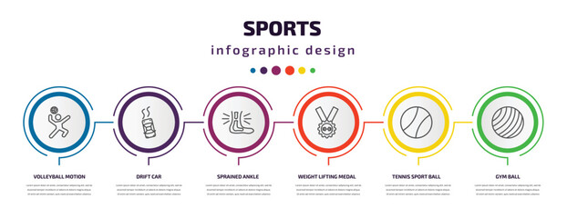 sports infographic template with icons and 6 step or option. sports icons such as volleyball motion, drift car, sprained ankle, weight lifting medal, tennis sport ball, gym ball vector. can be used