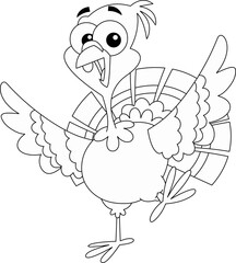 Outlined Happy Turkey Baby Cartoon Character. Vector Hand Drawn Illustration Isolated On Transparent Background