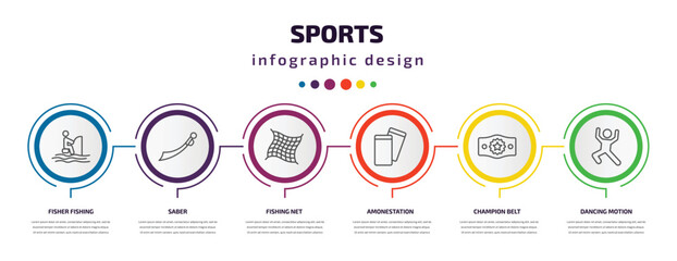 sports infographic template with icons and 6 step or option. sports icons such as fisher fishing, saber, fishing net, amonestation, champion belt, dancing motion vector. can be used for banner, info