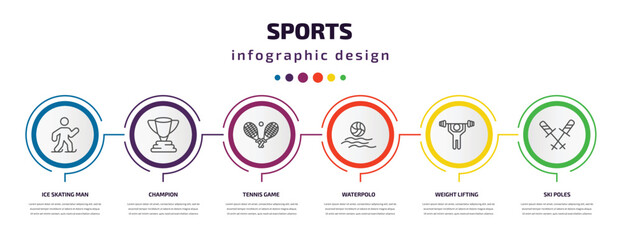 sports infographic template with icons and 6 step or option. sports icons such as ice skating man, champion, tennis game, waterpolo, weight lifting, ski poles vector. can be used for banner, info