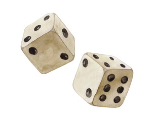 Top view of two watercolor vintage dices isolated on white