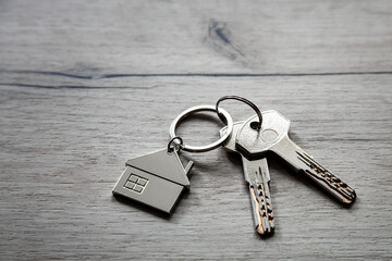 Keys to the apartment with a metal keychain on a gray background. The concept of real estate transactions. Space for text.