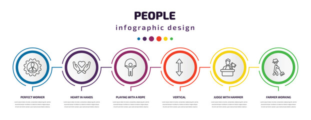 people infographic template with icons and 6 step or option. people icons such as perfect worker, heart in hands, playing with a rope, vertical, judge with hammer, farmer working vector. can be used