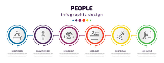 people infographic template with icons and 6 step or option. people icons such as leader speech, man with an idea, business suit, assembler, ski stick man, man shaving vector. can be used for