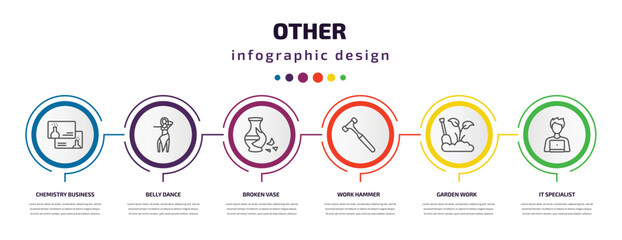 other infographic template with icons and 6 step or option. other icons such as chemistry business card, belly dance, broken vase, work hammer, garden work, it specialist vector. can be used for