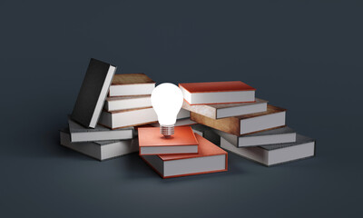 Fototapeta premium Light bulbs on stack of books. Concept of reading books, knowledge, and search for new ideas. Innovation and inspiration, Creativity with twinkling lights, inspiration. 3D rendering illustration