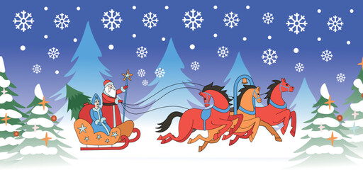 Three horses. Russian Santa Claus standing on a sleigh with Granddaughter snow maiden. Vector illustration on a white background. Retro style.
