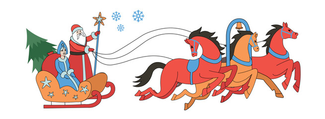 Three horses. Russian Santa Claus standing on a sleigh with Granddaughter snow maiden. Vector illustration on a white background. Retro style.