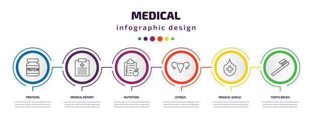 medical infographic template with icons and 6 step or option. medical icons such as proteins, medical report, nutrition, uterus, shield, tooth brush vector. can be used for banner, info graph, web,