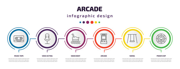 arcade infographic template with icons and 6 step or option. arcade icons such as music tape, voice acting, swan boat, arcade, swing, poker chip vector. can be used for banner, info graph, web,