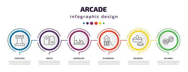 arcade infographic template with icons and 6 step or option. arcade icons such as chess piece, switch, bumper car, playground, air hockey, billiards vector. can be used for banner, info graph, web,