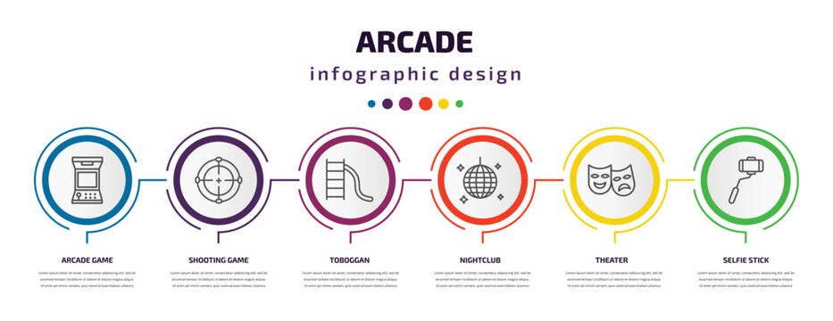 arcade infographic template with icons and 6 step or option. arcade icons such as arcade game, shooting game, toboggan, nightclub, theater, selfie stick vector. can be used for banner, info graph,