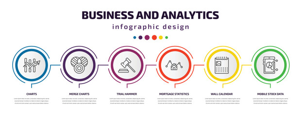 business and analytics infographic template with icons and 6 step or option. business and analytics icons such as charts, merge charts, trial hammer, mortgage statistics, wall calendar, mobile stock